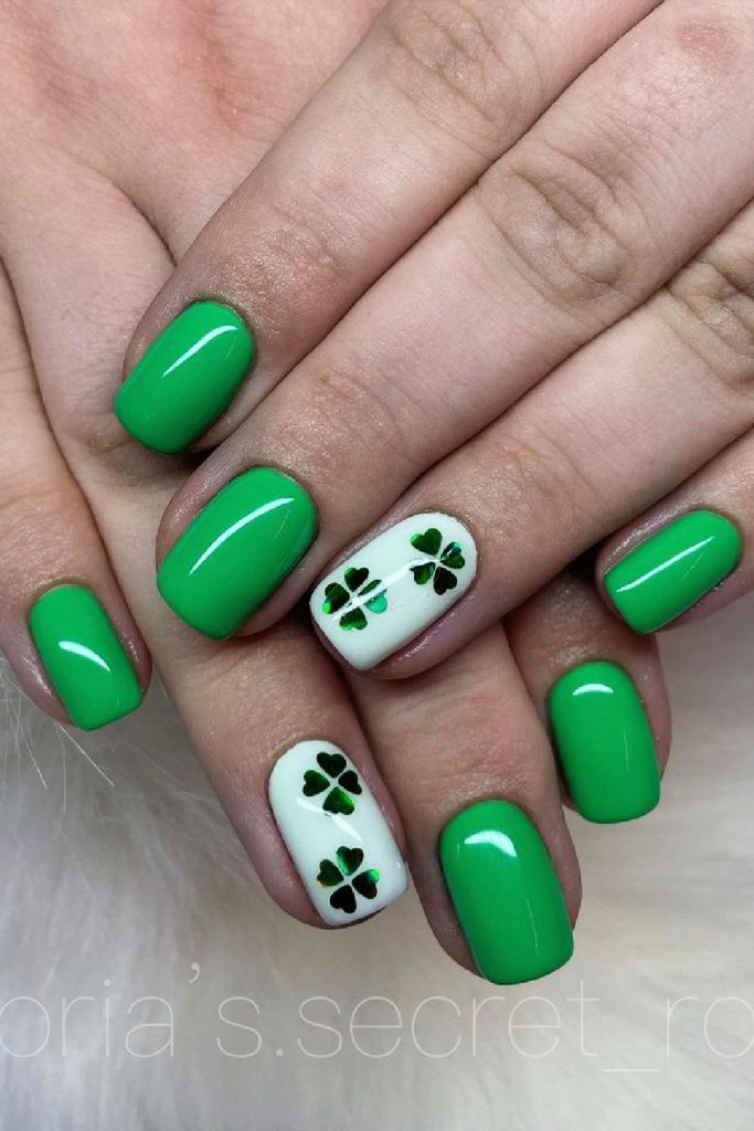 Emerald and White with Shamrocks St Patrick's Day Nails