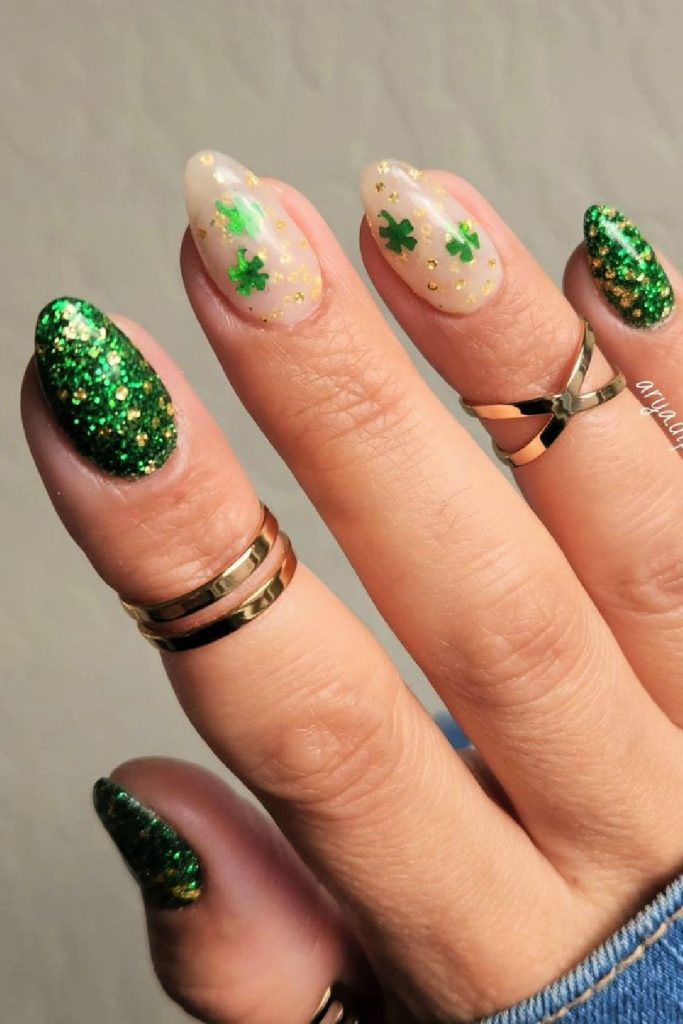 Festive Manicure with Glitter and Shamrocks St Patrick's Day Nails