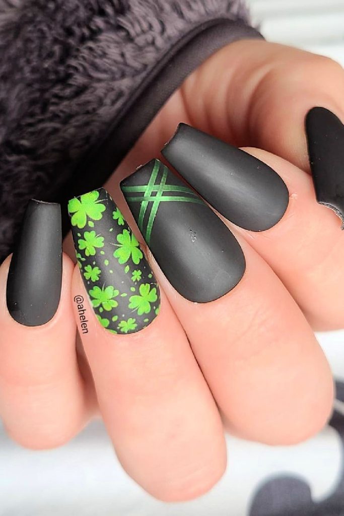 Matte Black with Shamrocks St Patrick's Day Nails