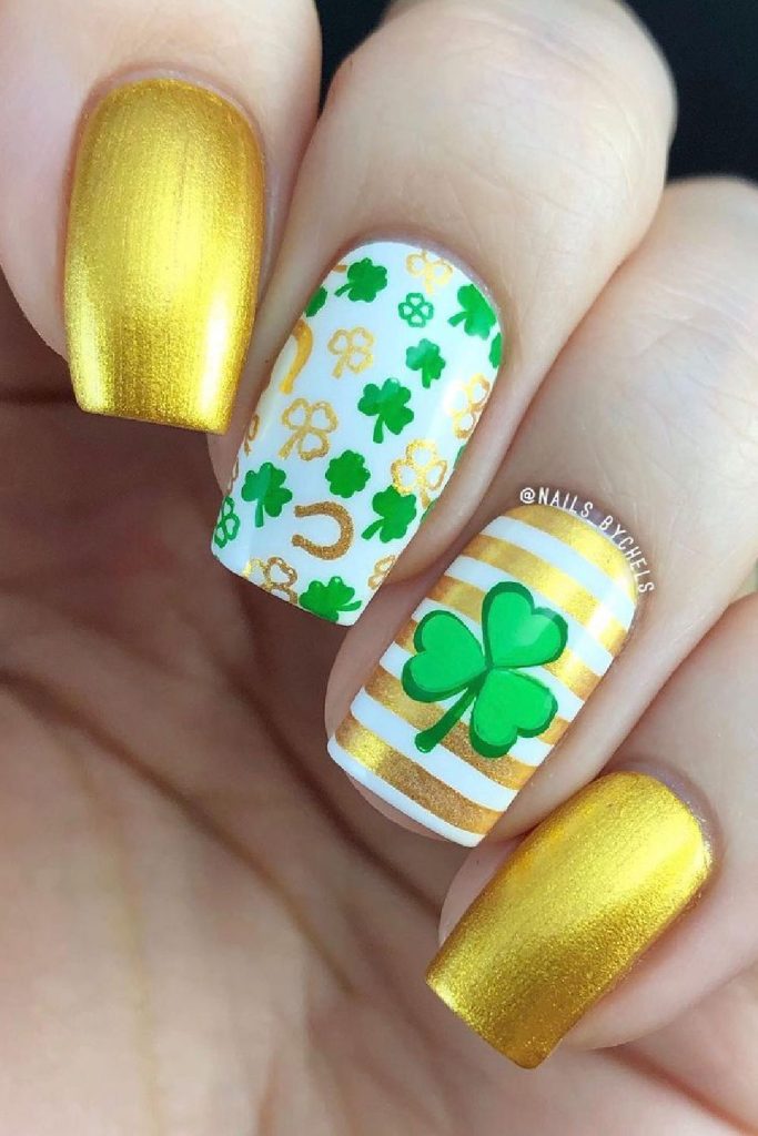 Metallic Golden and Green Shamrocks St Patrick's Day Nails