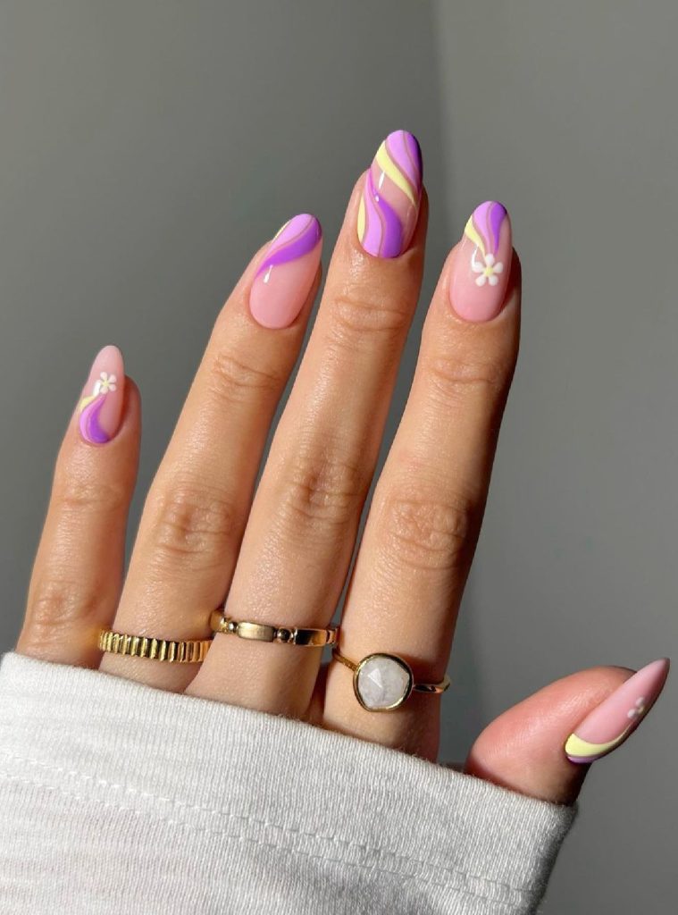 Spring Nails Lavender Swirls with Yellow Pastel Accents