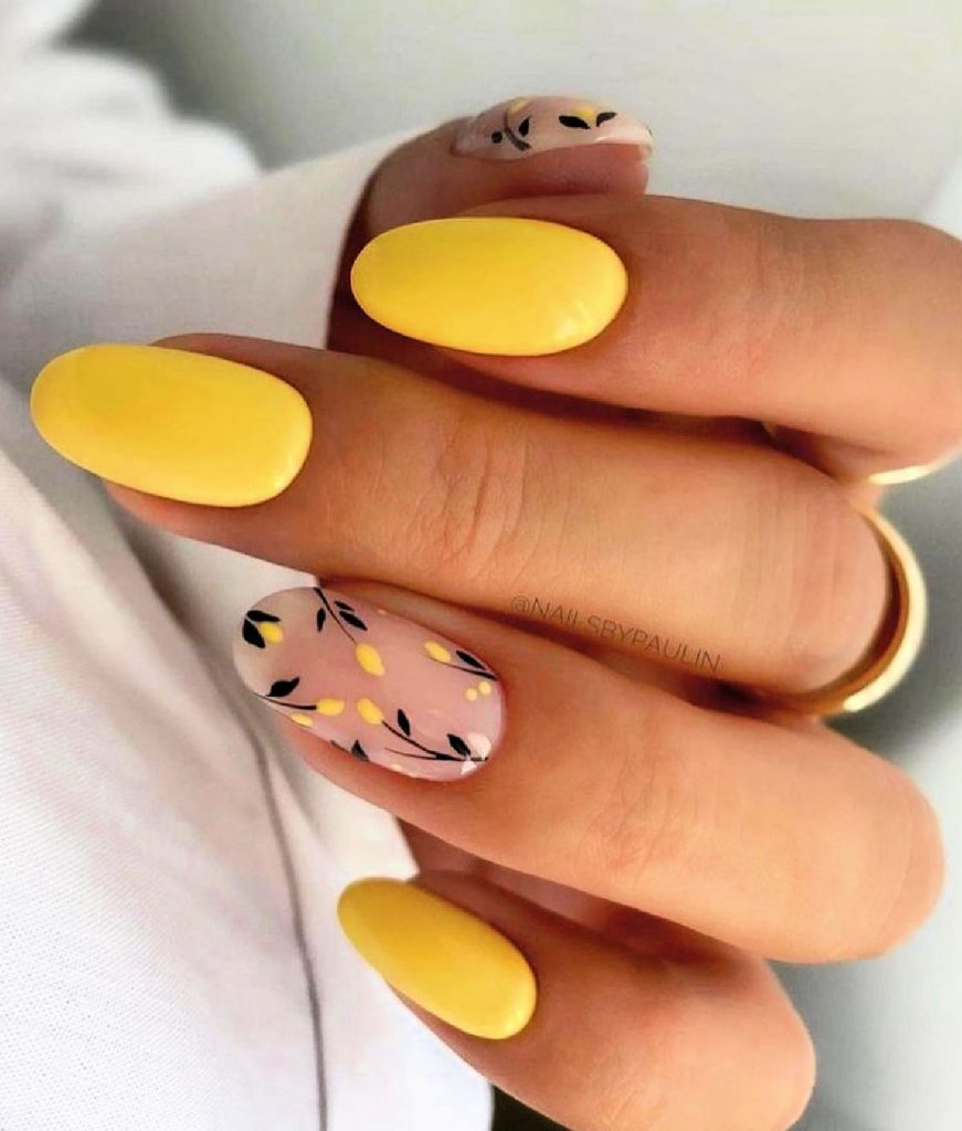 Spring Nails Yellow with Floral Art