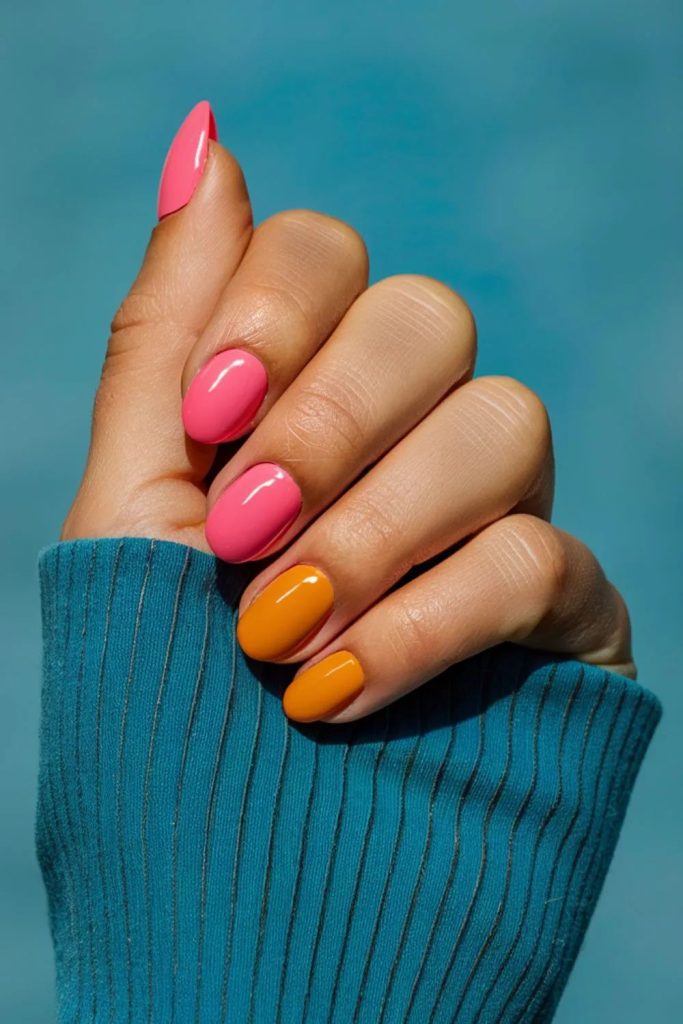 Clear Glossy Pink And Orange Summer Nails