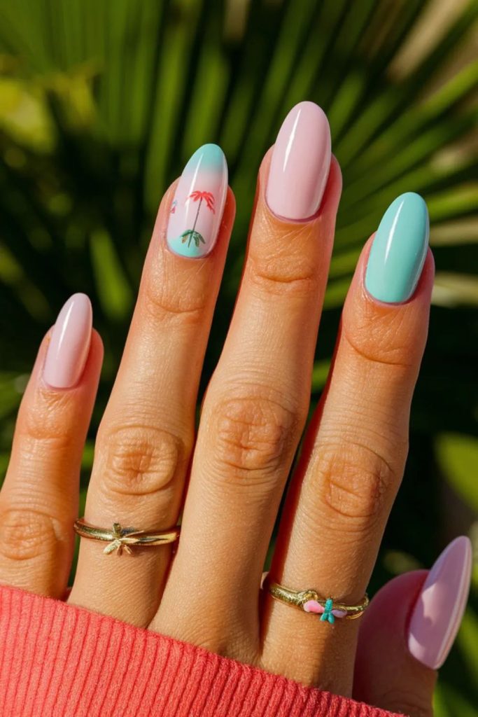 Beach-themed Pink Summer Nails
