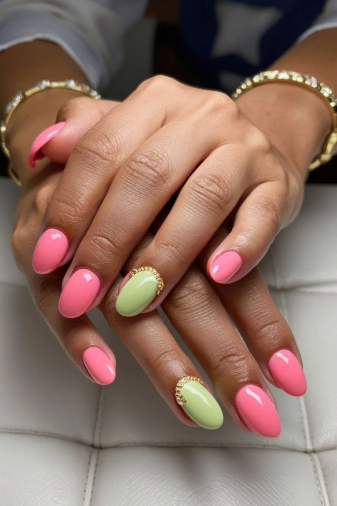 Pink And Green Summer Nails With Golden Jewels