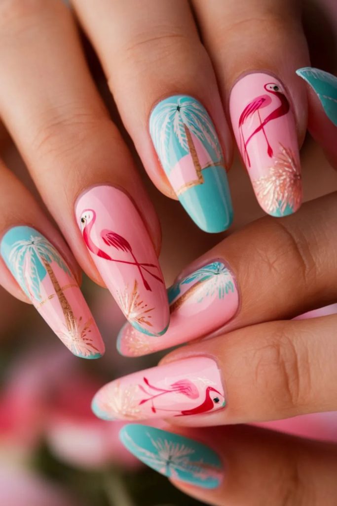 Blue and Pink Flamingo Summer Nails
