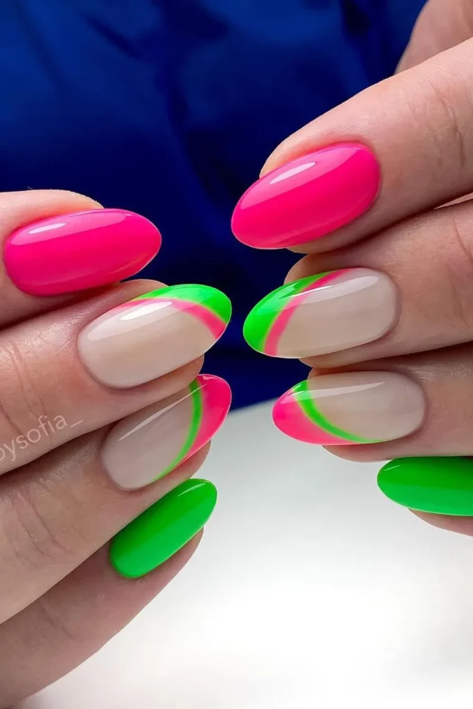 Hands with Watermelon Nail Designs showing bright pink and green tips on nude nails, and solid pink and green nails.