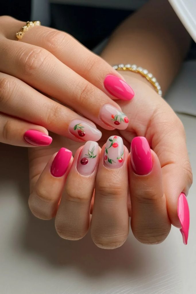 Pink Summer Nails with Flowers