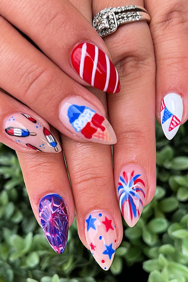 cute 4th of July nail designs, perfect for a patriotic day! From simple red, white, and blue nails to glittery fireworks and starry ideas
