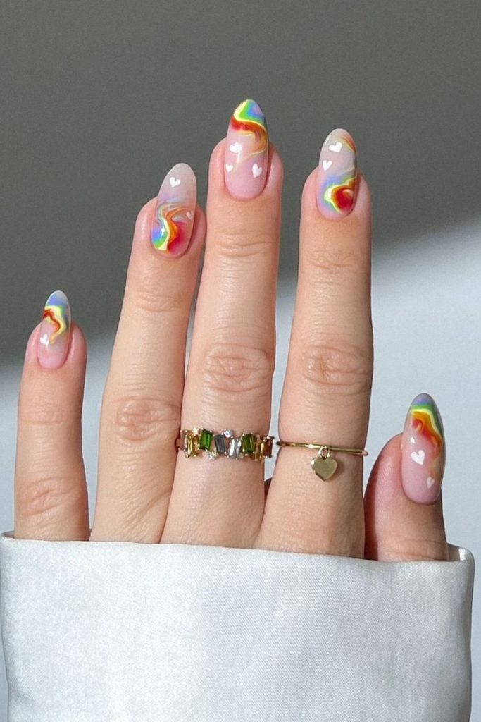 Abstract Rainbow Waves With Heart Summer Nail