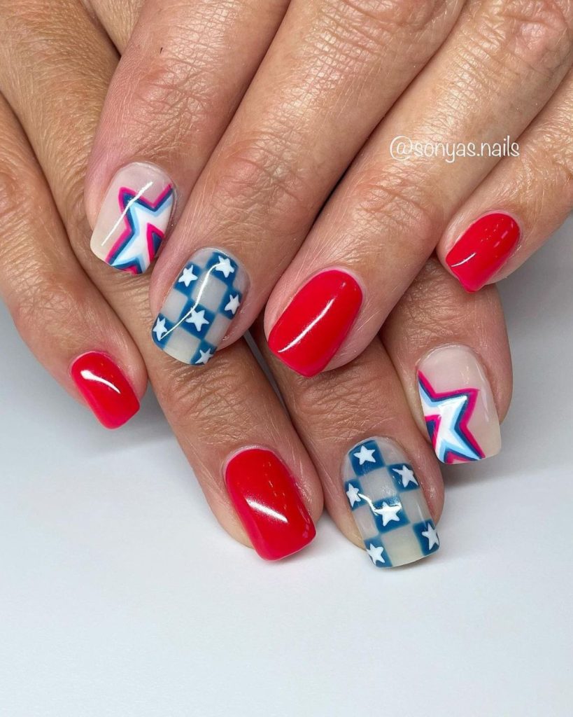 Checkered and Stars With Red Nail Art