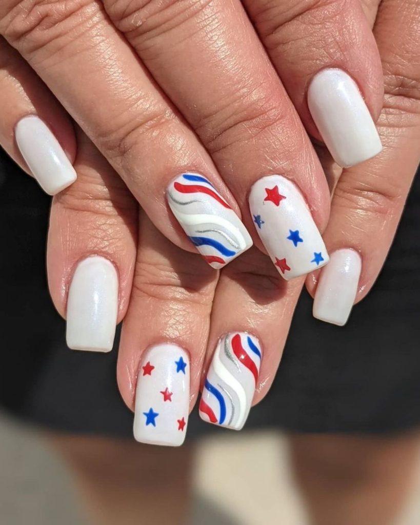 Stars And Swirls On White Nails