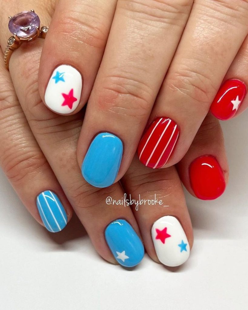Freehand Stars and Stripes With Short Natural Nails