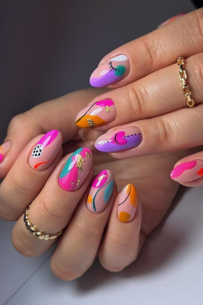 Colorful Abstract With Glitters Summer Nails