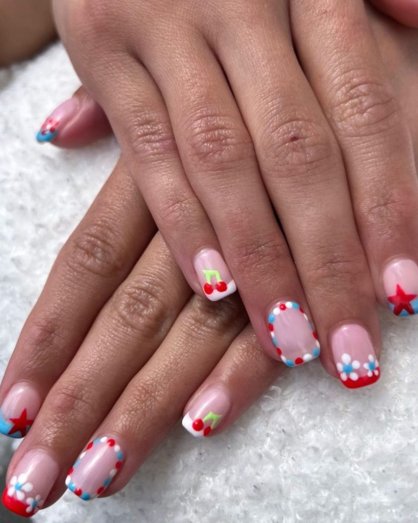 delicate floral dot nails for 4th of July