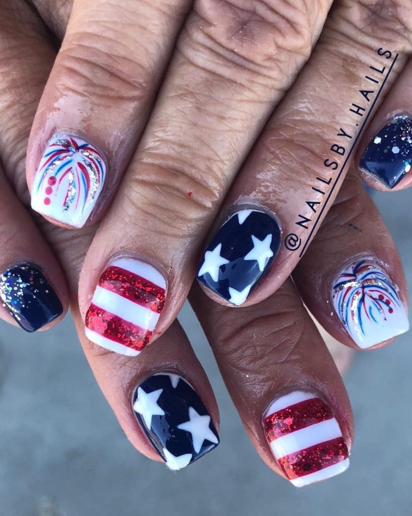 Fireworks and American Flag Patriotic Nails Design