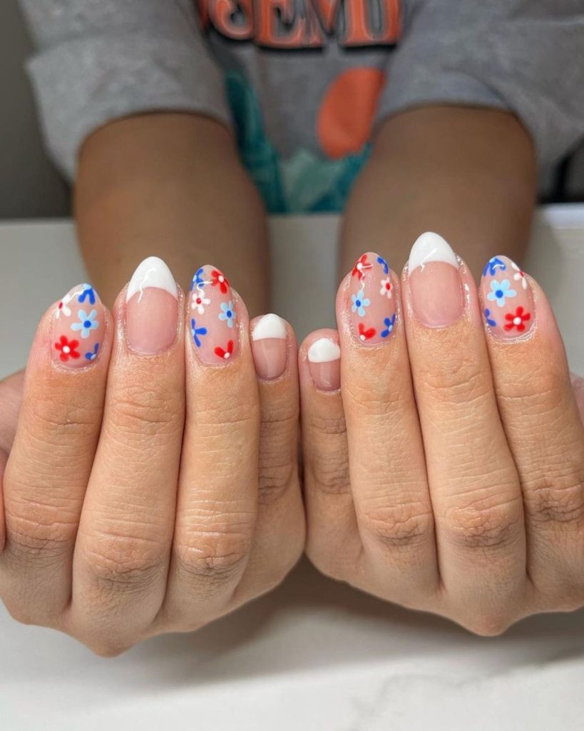 4th of July sticker floral nails with classic french tips