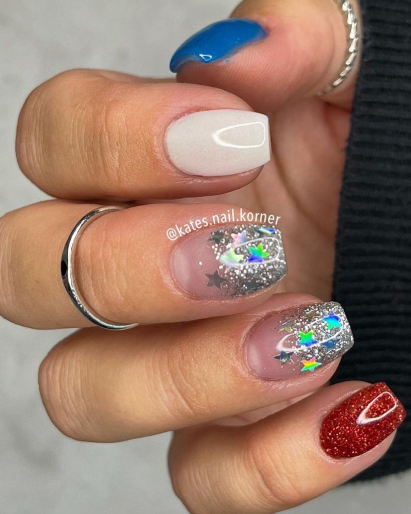 glossy sparkles and shine red, white and blue nails for fourth of July