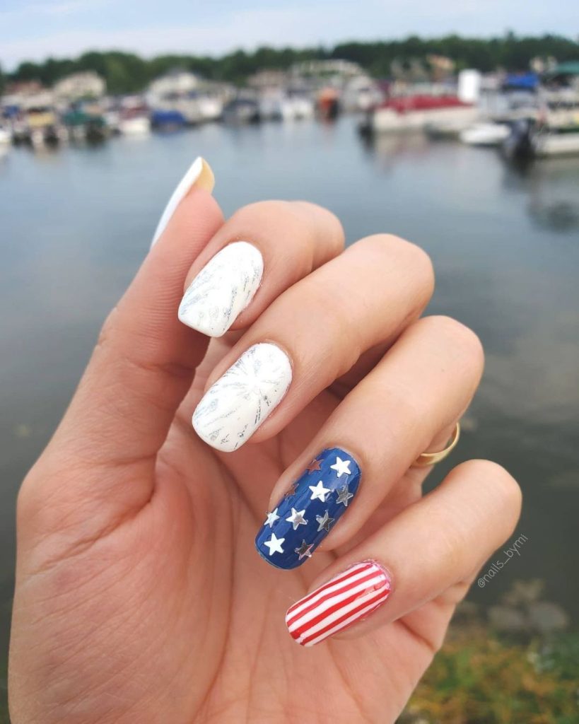 Subtle Fireworks and Striped Stars Patriotic Nails
