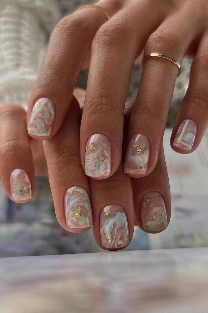marble summer acrylic nail ideas with gold foil