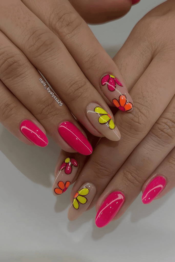 Hot Pink Floral Nails for summer