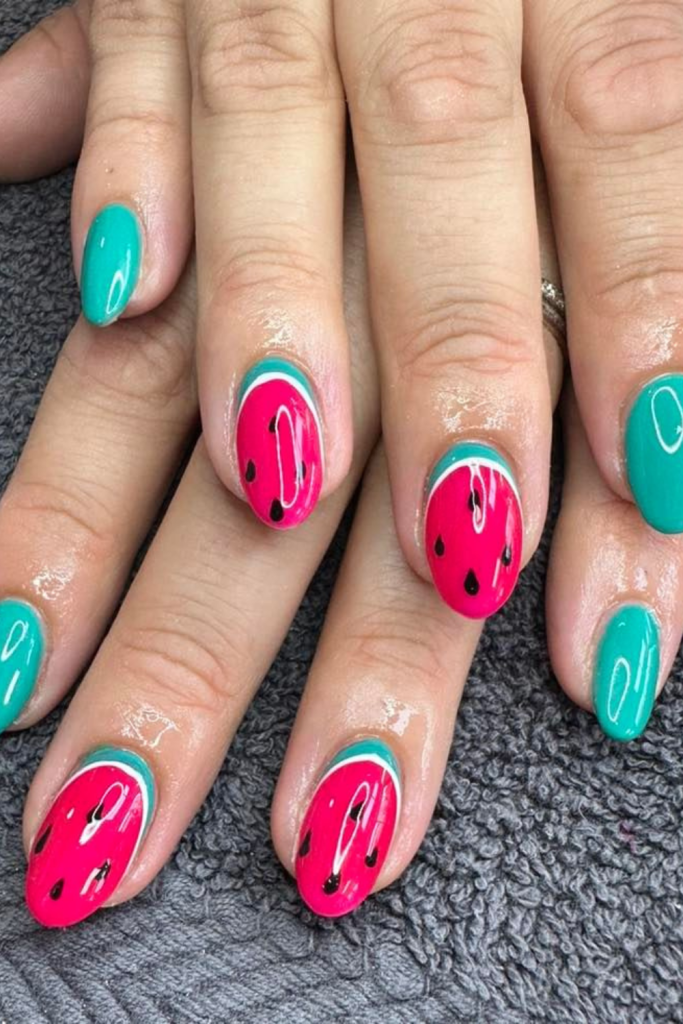 sliced watermelon summer nails