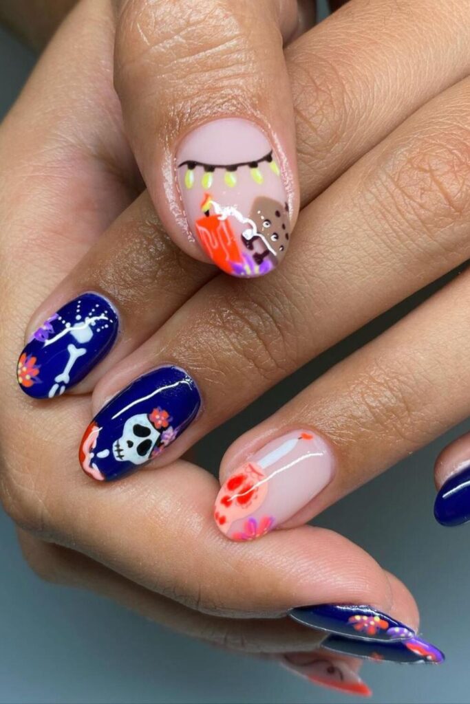 Blue Dia de los Muertos Nails