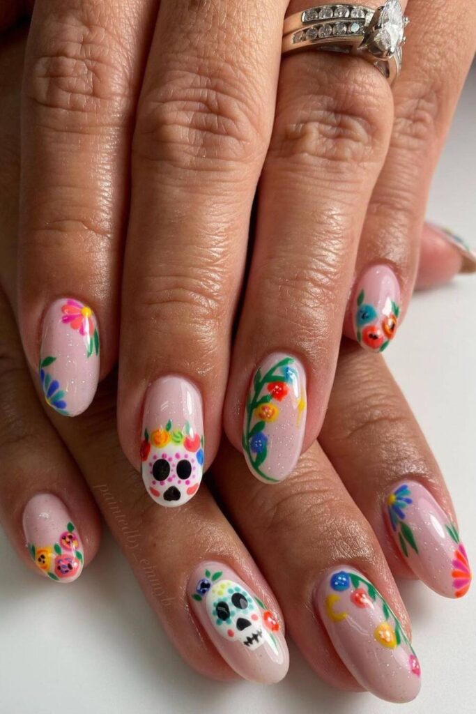 accent floral sugar skull nail ideas
