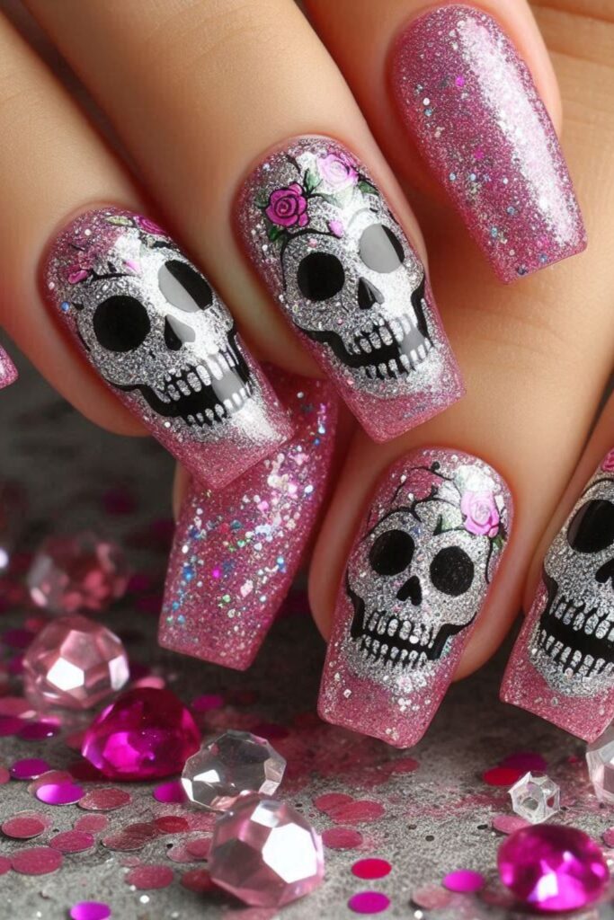 Glittery Pink Skull Nails for Halloween