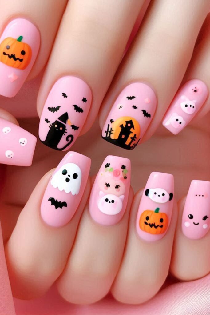 Pink Kawaii nails for Halloween