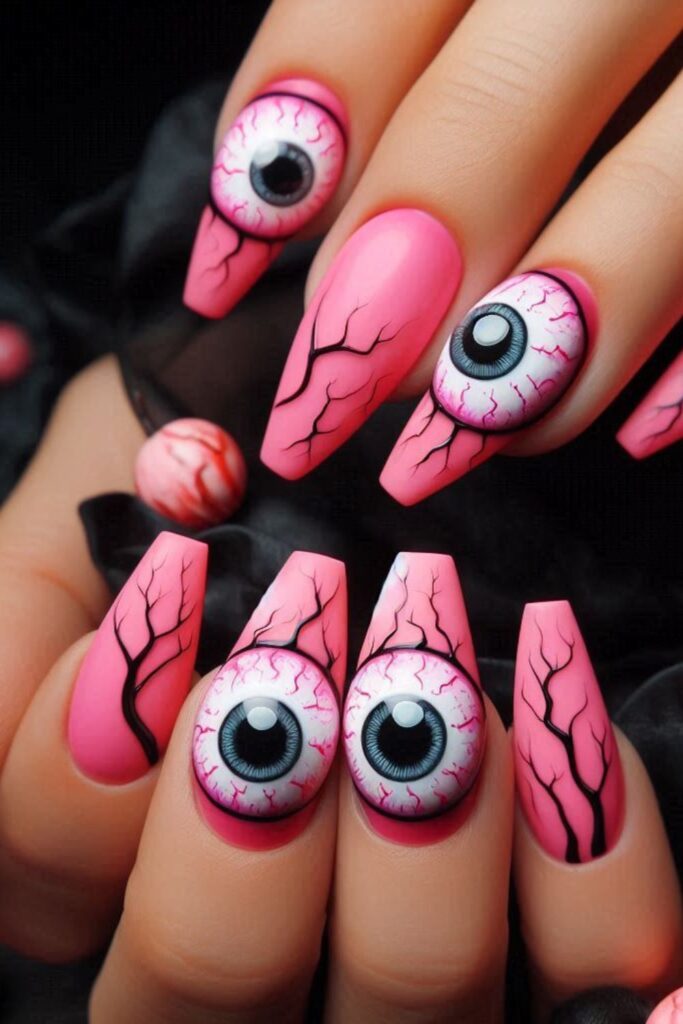 creepy eyeballs pink Halloween nails