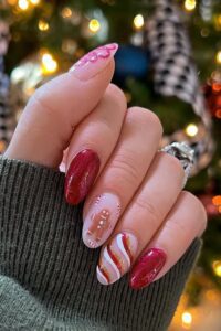 Burgundy candy cane Christmas nail