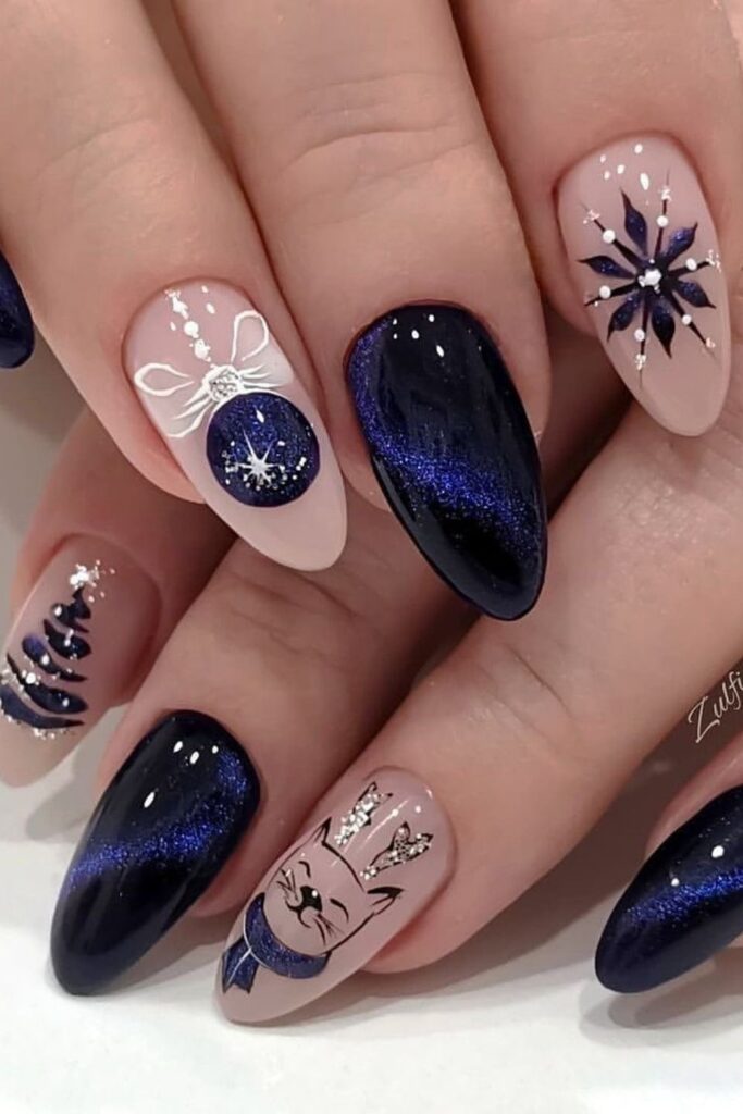 Festive Christmas Nails with Sparkly Cats
