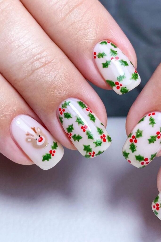Holly Reindeer Nail Design
