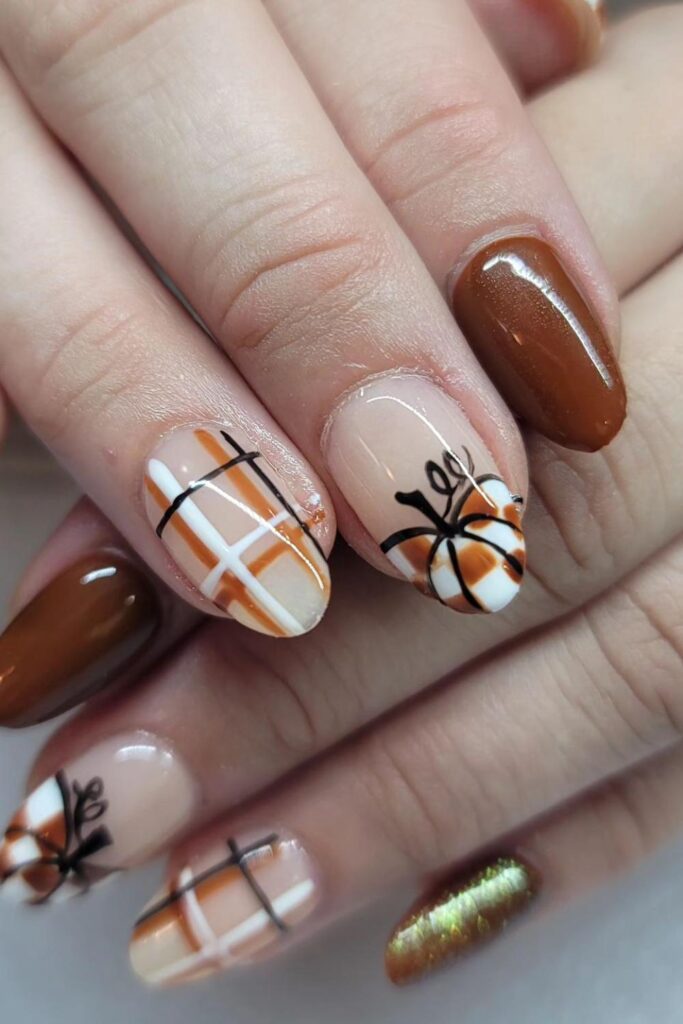 Pumpkin Plaid Thanksgiving Nails