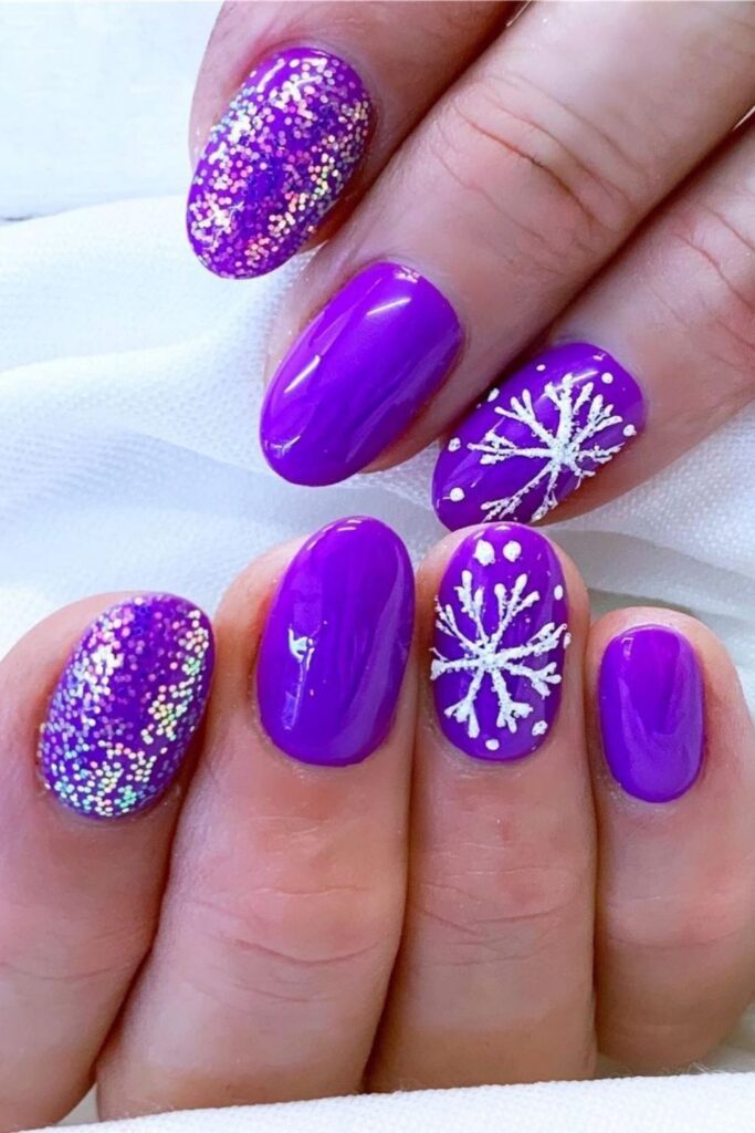 Purple Glitter and Flakes Nails