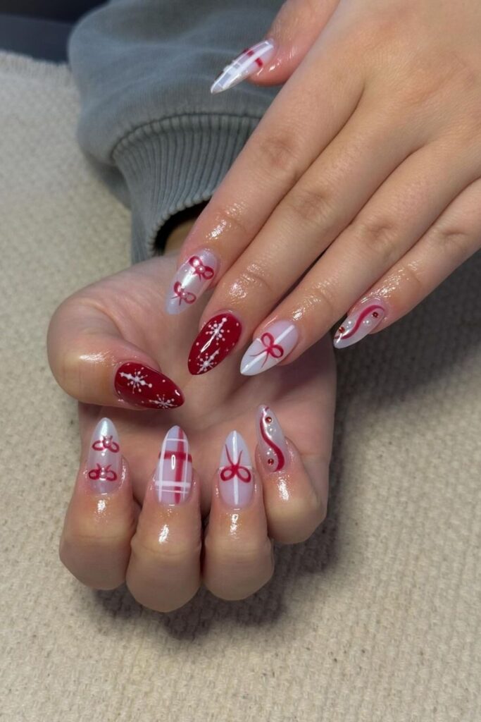 Red & White Plaids and Bows Nail Design