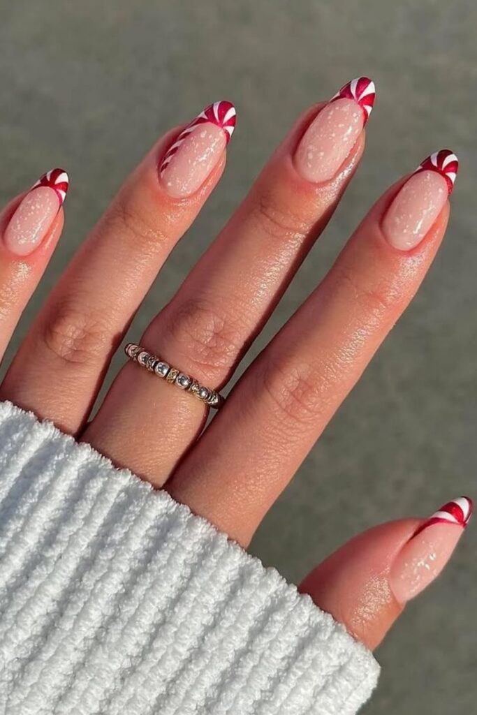 Snowy candy cane tips Nails