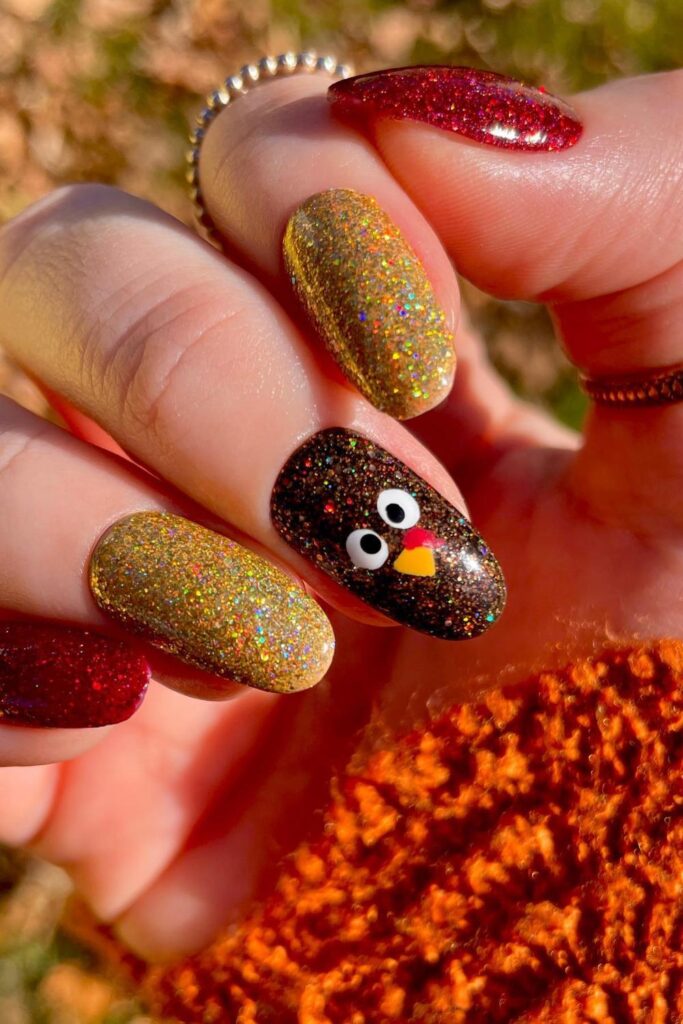 Turkey Glitter Thanksgiving Nails